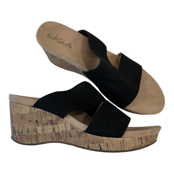 LifeStride Womens Black Elastic Cork Wedge Sandals Size 9W Casual Comfort Shoes - Picture 1 of 14